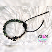 Load image into Gallery viewer, Glam Couture Accessories™ - m-Silver &amp; Green “L-U-V” Monogram Beaded Bracelet
