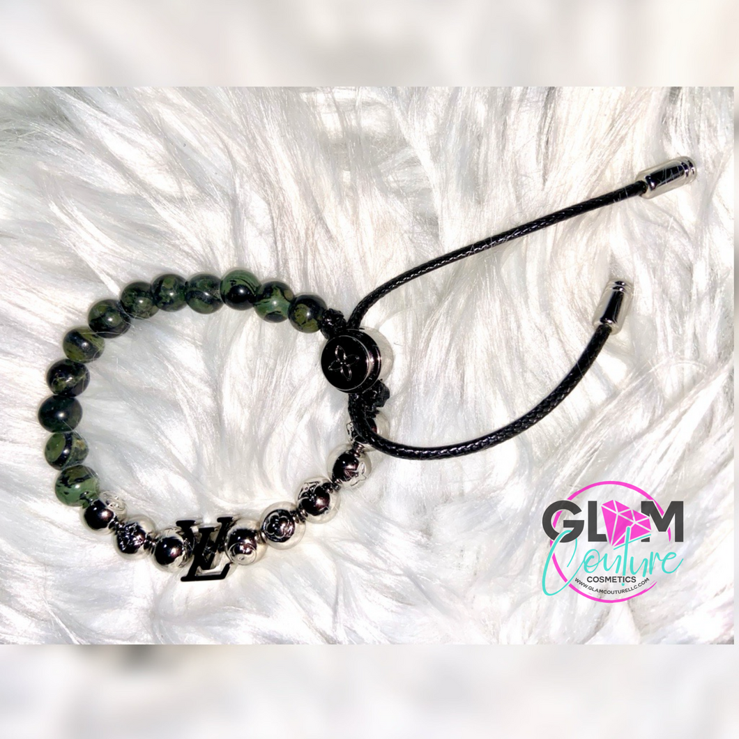 Glam Couture Accessories™ - m-Silver & Green “L-U-V” Monogram Beaded Bracelet